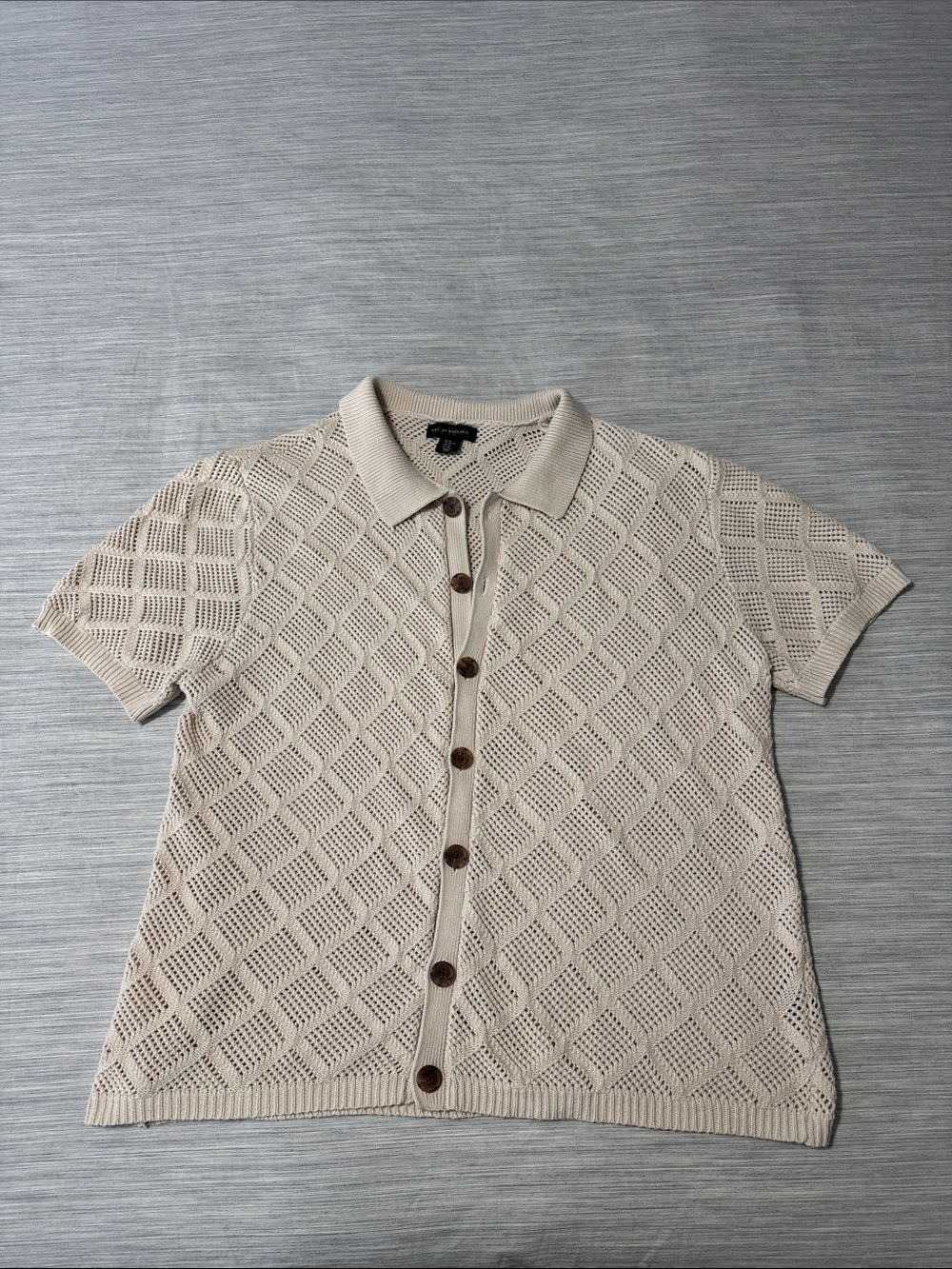 Art of Rhetoric Cream Crochet Knit Shirt Mens Sz XL Open Stitch Diamond Polo